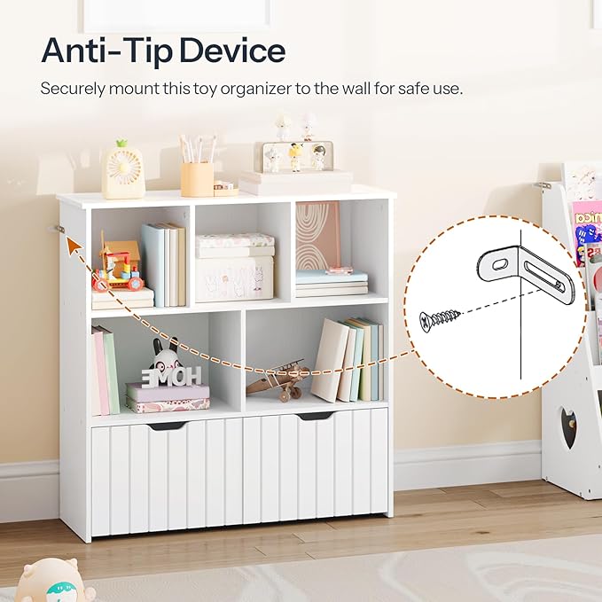 HOOBRO Toy Storage Organizer, Toy Organizers and Storage with 2 Movable Drawers and 5 Cubbies, Toy Chest Shelf for Books or Dolls, Kids Bookshelf and Toy Storage for Playroom, White WT88CW01