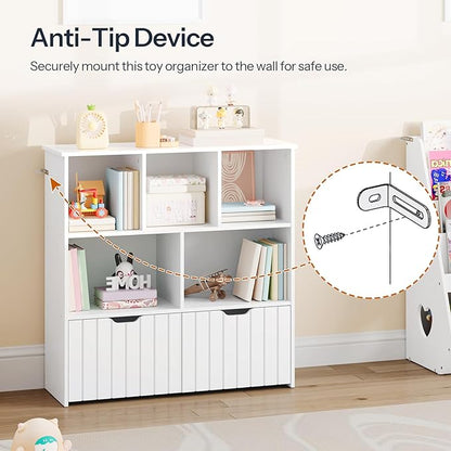 HOOBRO Toy Storage Organizer, Toy Organizers and Storage with 2 Movable Drawers and 5 Cubbies, Toy Chest Shelf for Books or Dolls, Kids Bookshelf and Toy Storage for Playroom, White WT88CW01