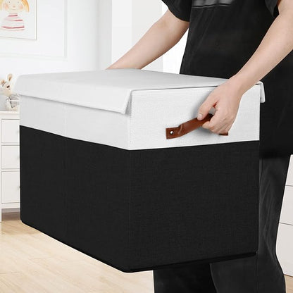 Large Toy Storage Box with Lid, Sturdy Toys Storage Chest Bin Organizer Basket with Dividers for Kids, Boys, Girls, Nursery, Closet, Bedroom, Playroom 25"x13" x16" (Black and White)