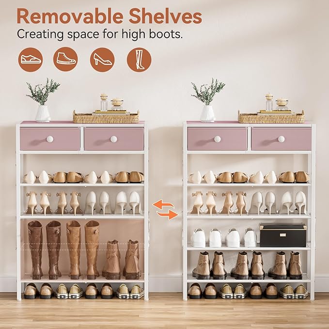 Shoe Rack for Entryway, 5 Tier Shoe Organizer with 2 Non-Woven Drawers, Metal Storage Shoe Shelf for 16-20 Pairs of Shoes, with Wooden Top and Steel Frame, Shoe Stand for Closet Pink