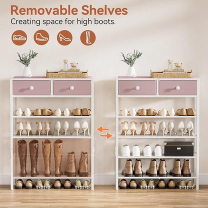 Shoe Rack for Entryway, 5 Tier Shoe Organizer with 2 Non-Woven Drawers, Metal Storage Shoe Shelf for 16-20 Pairs of Shoes, with Wooden Top and Steel Frame, Shoe Stand for Closet Pink