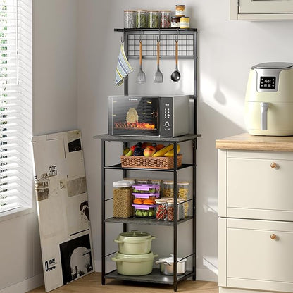 5 Tier Coffee Bar Station, Kitchen Stand with 4 S-Shaped Hooks, Farmhouse Corner Coffee Bar for Small Spaces, Bakers Rack for Kitchen, Entryway, Living Room, 13.43"D x 18.93"W x 53.31"H,Gray