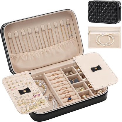 Lolalet Travel Jewelry Case for Women Girls, Travel Jewelry Organizer Box with Mirror & Clear Storage Bag, Small Portable Earring Necklace Bracelet Ring Case, Birthday Valentine Gifts -Medium, Black