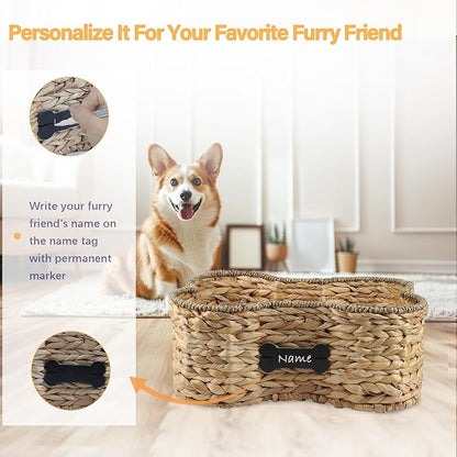 Pet Dog Toy Basket - Bone Shape Storage Bin, Personalized Organizer for Cat Toys, Wicker Holder Box for Living Room, Handmade Water Hyacinth