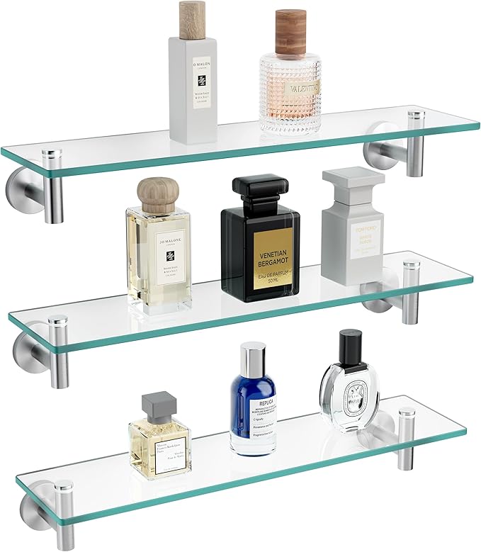 KES Glass Shelf for Bathroom, Floating Glass for Wall Shelves 20-Inch 3 Pack Rectangular Stainless Steel Brackets Wall Mounted Brushed Finish, A2021-2-P3