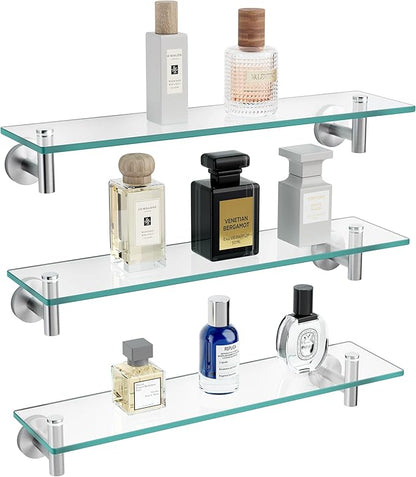 KES Glass Shelf for Bathroom, Floating Glass for Wall Shelves 20-Inch 3 Pack Rectangular Stainless Steel Brackets Wall Mounted Brushed Finish, A2021-2-P3