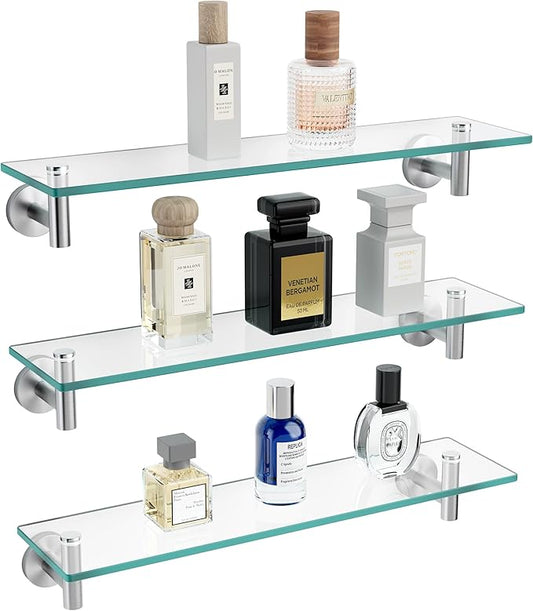 KES Glass Shelf for Bathroom, Floating Glass for Wall Shelves 20-Inch 3 Pack Rectangular Stainless Steel Brackets Wall Mounted Brushed Finish, A2021-2-P3