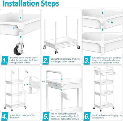 SPACEKEEPER Rolling Storage Cart, 4-Tier Bathroom Organizer Utility Cart Laundry Room Organization Mobile Shelving Unit with Towel Rack, Lockable Wheel, Hooks & Cup for Kitchen Bedroom Office, White