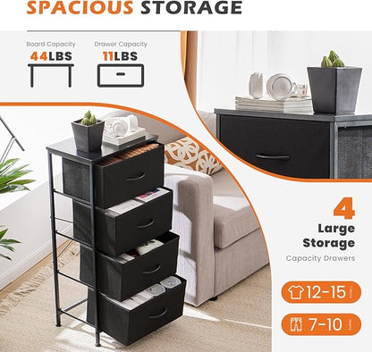 Sweetcrispy Nightstand Small Bedroom Dresser with 4 Fabric Drawers, Bed Side Furniture End Table, Wooden Top Cabinet Night Stand Dresser for Closet, Entryway, Dorm, Black