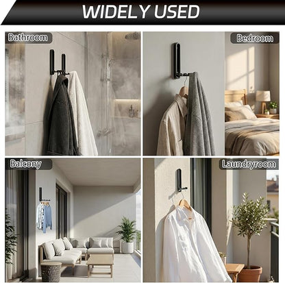 2 Pcs Extended Folding Coat Hooks Wall Mounted, 4.33 in Black Foldable Wall Hooks Heavy Duty Valet RV Hooks Bathroom Towel Hooks Robe Hooks for Hanging Towels Clothes Coat Hat Bags