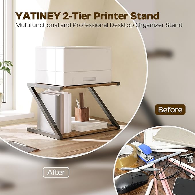 Desktop Printer Stand, 2-Tier Printer Table with Storage Shelf, Under Desk Printer Stand for Office, Open Organizer Shelf, Easy Assembly, Rustic Brown PS02BR