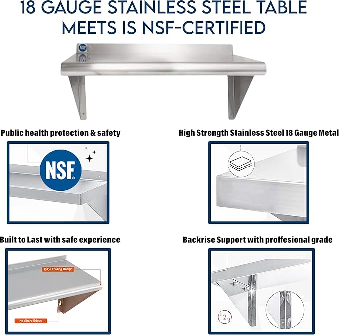 NSF Certified 18 Gauge Heavy Duty Stainless Steel Wall Shelf with Brackets for Kitchens, Utility Rooms, Storage, Offices & Home (16"x6")