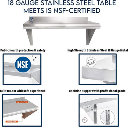 NSF Certified 18 Gauge Heavy Duty Stainless Steel Wall Shelf with Brackets for Kitchens, Utility Rooms, Storage, Offices & Home (30"x16")
