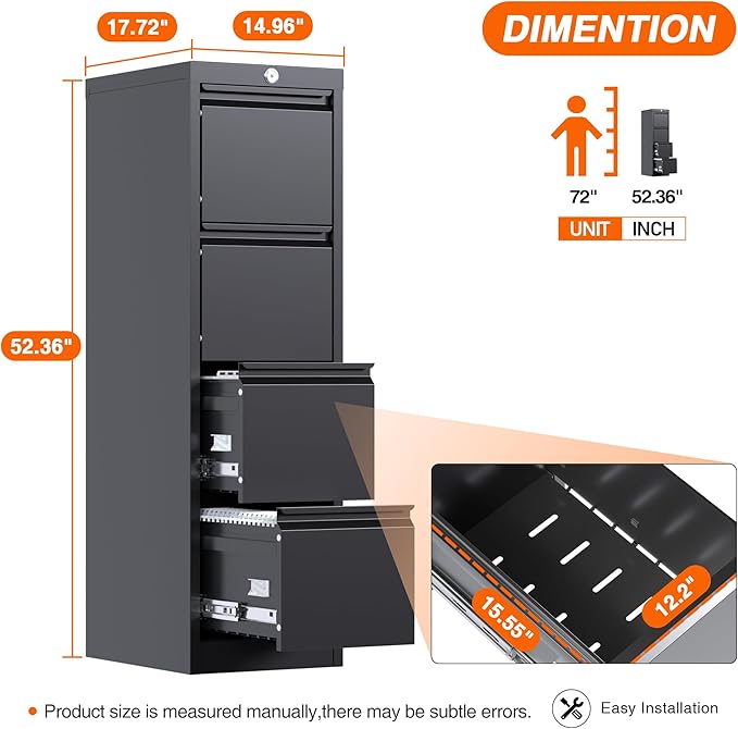 Metal Vertical File Cabinet with Lock,File Cabinet with 4 Drawer for Letter,Legal,F4,A4,14.96" W x 17.72" D x 52.36" H, Assembly Required,Black