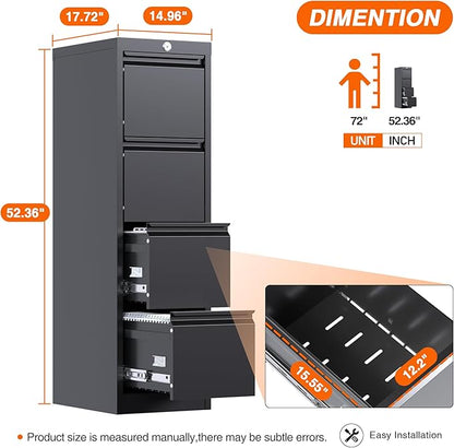 Metal Vertical File Cabinet with Lock,File Cabinet with 4 Drawer for Letter,Legal,F4,A4,14.96" W x 17.72" D x 52.36" H, Assembly Required,Black