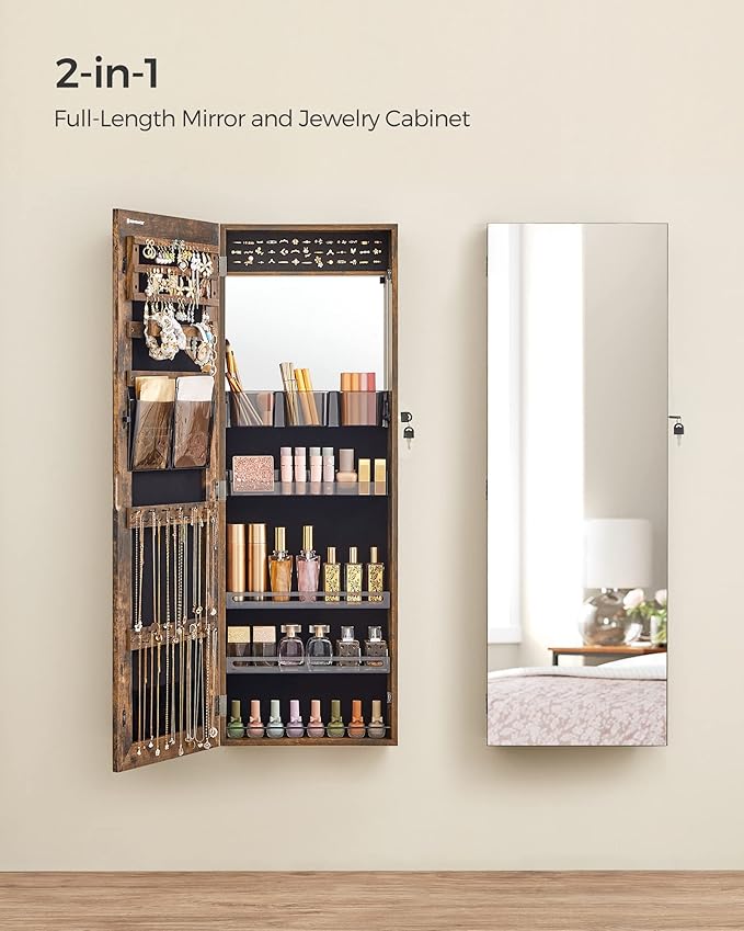 SONGMICS Jewelry Cabinet Armoire, Wall or Door Mount Storage Organizer with Full-Length Mirror, Lockable Cabinet with Built-in Small Mirror, Shelves, Gift Idea, Rustic Brown UJJC003X01