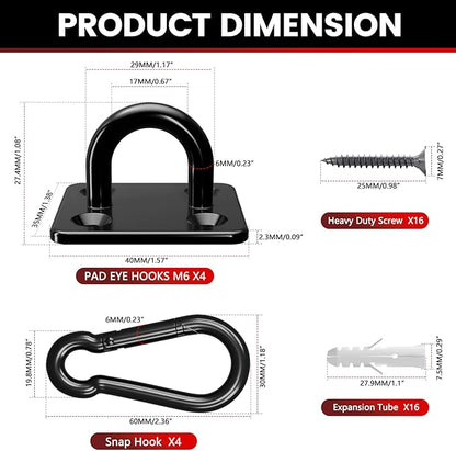sprookber 304 Stainless Steel Pad Eye Snap Hooks, M6 Heavy Duty Ceiling Hooks, 800 lb Capacity Hammock Swing Hanging kit, Plant Hangers, Marine Hardware Staple Hook Loop with Screws, Set of 8(Black)