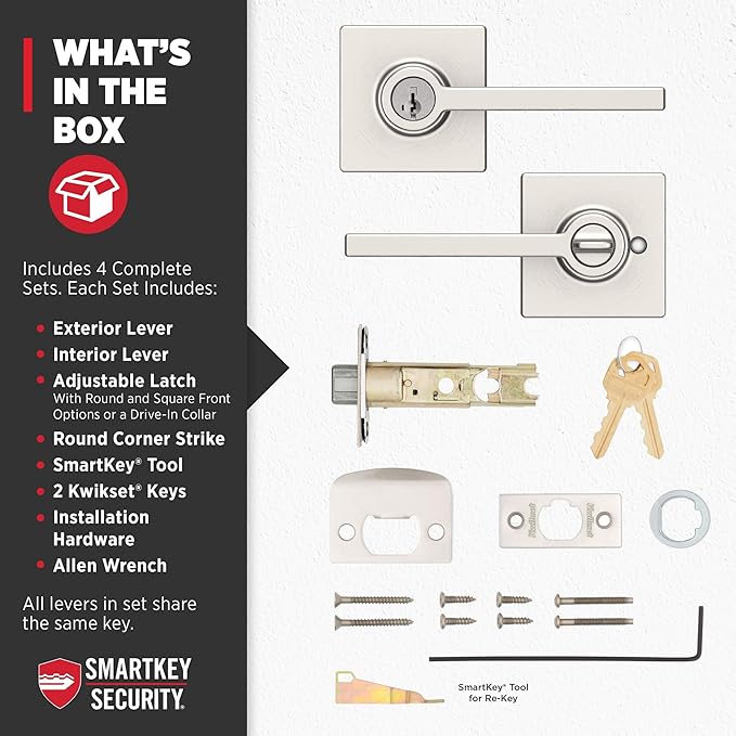Kwikset Casey Entry Door Handle with Lock and Key, Secure Keyed Reversible Lever Exterior, for Front Entrance and Bedrooms, Satin Nickel, 4 Pack, Pick Resistant SmartKey Rekey Security and Microban