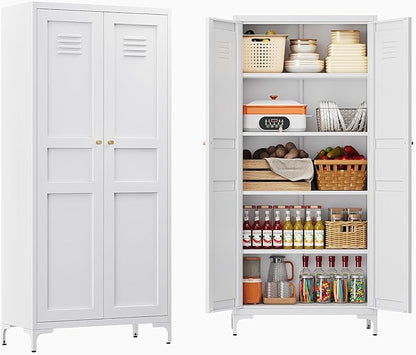 61" Tall Kitchen Pantry Storage Cabinet with 2 Doors and 4 Adjustable Shelve, Metal White Food Pantry Cabinet, Kitchen Cabinet Storage Unit,5 Tier Freestanding Cupboard for Kitchen Dining/Living Room