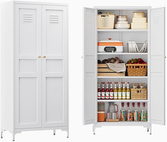 61" Tall Kitchen Pantry Storage Cabinet with 2 Doors and 4 Adjustable Shelve, Metal White Food Pantry Cabinet, Kitchen Cabinet Storage Unit,5 Tier Freestanding Cupboard for Kitchen Dining/Living Room