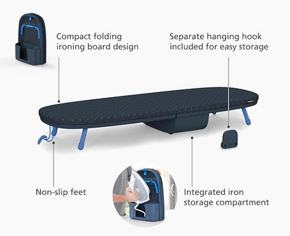 Joseph Joseph Pocket Plus Folding Space Saving Compact Tabletop Ironing Board with Iron Holder and wall Mount, Blue/Black