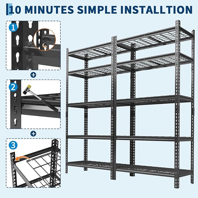 Garage Shelving 2200 LBS Storage Shelves Adjustable Metal Shelving Unit Heavy Duty 5 Tier Metal Shelves for Garage Kitchen Pantry Warehouse Basement, 48" W × 24" D × 72" H