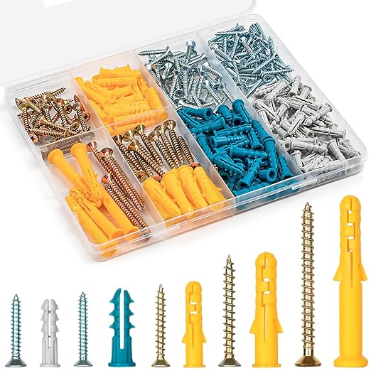 KURUI Drywall Anchors and Screws Assortment Kit 270PCS, 135 Plastic Dry Wall Expansion Anchors and 135 Philips Flat Head Wood Screws, 5 Sizes Wall Hanging Kit for Art Decor, Replaces Picture Nails