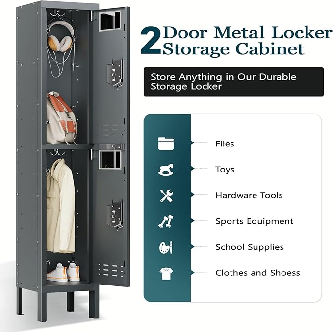 Metal Storage Locker with Lock & Card Slot Locker - Secure Lockable Door - Steel Locker for School, Office, Gym, Home - 66.15" H x 11.8" W x 11.8" D（2 Door, Grey）