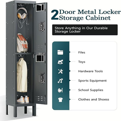 Metal Storage Locker with Lock & Card Slot Locker - Secure Lockable Door - Steel Locker for School, Office, Gym, Home - 66.15" H x 11.8" W x 11.8" D（2 Door, Grey）