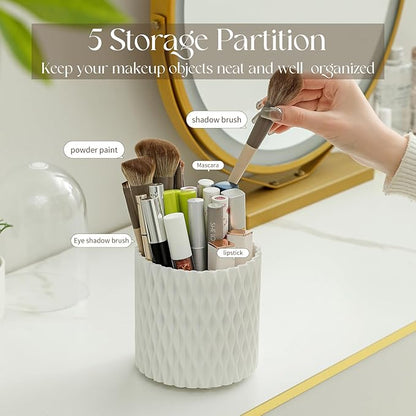 Makeup Brush Holder Organizer - 360° Rotating Makeup Brush Organizer 5 Slot Make up Brushes Cup for Cosmetics, Lipsticks, Art Supply, Bathroom Vanity Desktop Storage, White with Cover