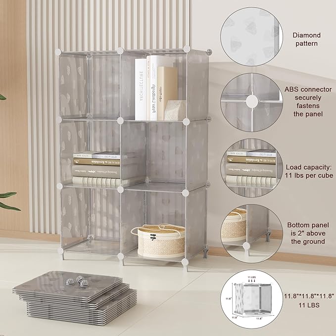 UNKU Cube Storage Organizer, 3 Cube Closet Organizer Storage Shelves, DIY Stackable Bookcase, Clothes Organizer Shelf for Closet, Bedroom, Living Room, Cabinet, Home, Office, Translucent