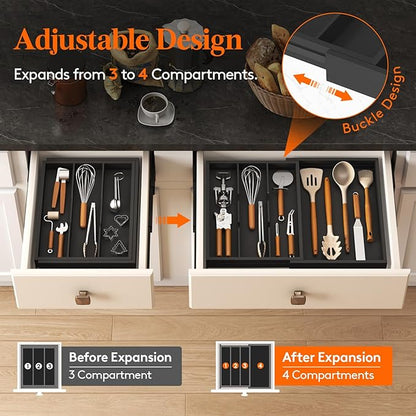 Lifewit Utensil Organizer for Kitchen Drawer, Expandable Cooking Utensil Tray, Cutlery Silverware Flatware Holder, Wood Adjustable Spatula Tools Storage Divider, 30-55 x 40cm, Black
