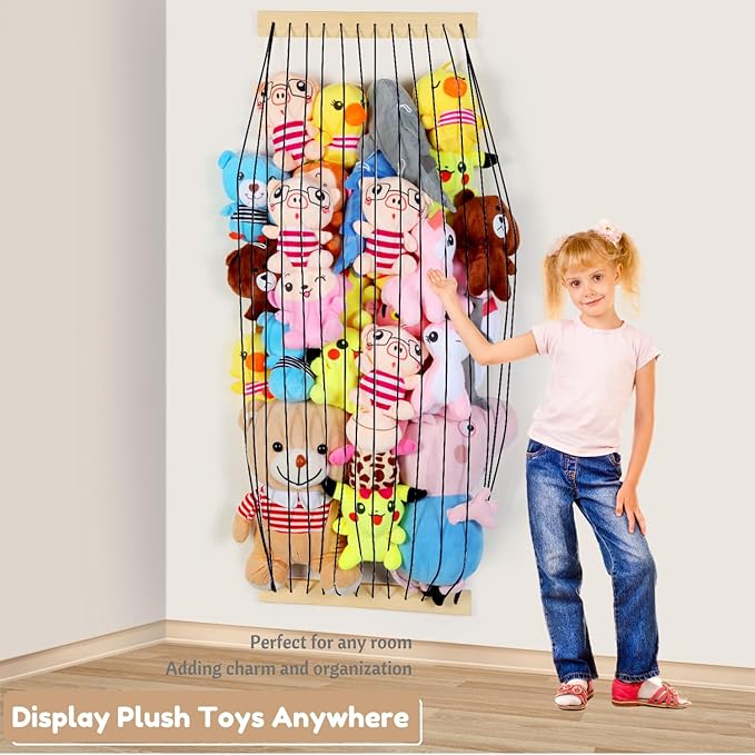Stuffed Animal Storage Wood Soft Toy Organizer for Kids Room，Cute and Durable Wall or Door Mount Length Adjustable Hanging Stuffed Animal Toy Organizer Shelf for Nursery Play Room Black -Patent