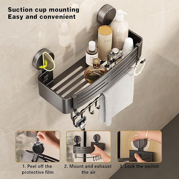 VOLPONE Shower Caddy Suction Cup No Drilling Suction Cup Shower Shelf Heavy Duty Bathroom Shower Organizer Storage Rack Adhesive with Towel Bar Hooks (1-Pack, Matte Gray)