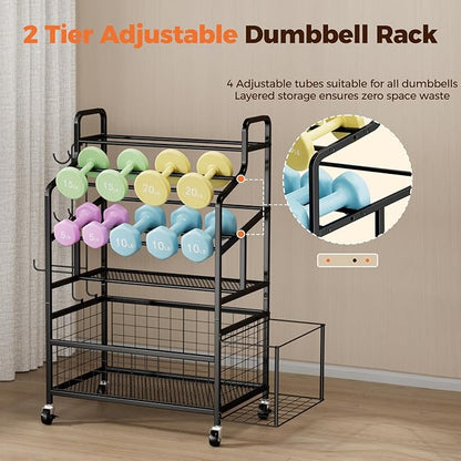 Dumbbell Rack, Home Gym Weight Rack Storage, Adjustable Dumbbell Stand Organizer with Wheels, Holds Dumbbells, Kettlebells, Yoga Mats