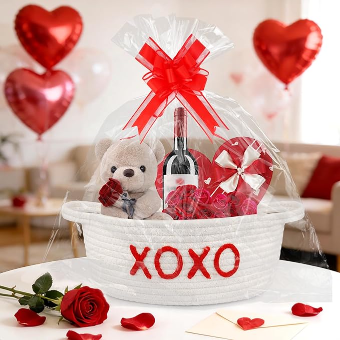 Woven Valentines Baskets for Gifts Empty with Ribbons Bow Tie and Bag, Gift Empty Decorative Box, Woven Rope Basket Storage for Gifts with Handles Home Decor (XOXO) 11" x7"x4.7"