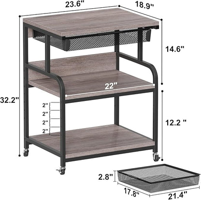 EasyCom 23.6''x18.9'' Extra Large Printer Stand with Drawer, 5-Adjustable Heights 3 Tier Table with Wheels, Rolling Printer Cart with Storage for Printer Scanner Fax Home Office Use