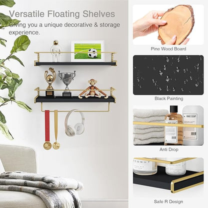 Forbena Black and Gold Bathroom Floating Shelves for Wall, Decorative Wall Mounted Shelves for Kitchen Coffee Bar Station Organizers and Storage, Hanging Shelving Unit for Bedroom Living Room (2-Pack)