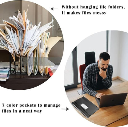TRANBO 7-Pockets Hanging File Folder with Retractable Hooks for Filing Cabinet, 2 in 1 Expandable Accordion File Organizer with Elastic Band for File Frame or On-The-Go Use (1 Pcs)