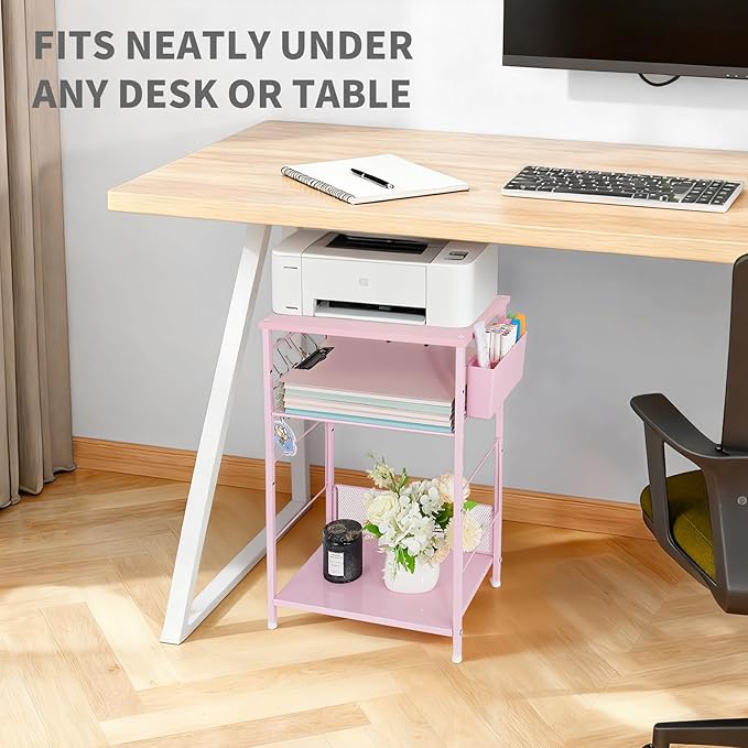 Small Under Desk Storage, Pink Printer Stand with Storage Shelf, 3-Tier Height Adjustable Printer Table with Basket & 3 Hooks for Home Office Fax Machine Scanner Files
