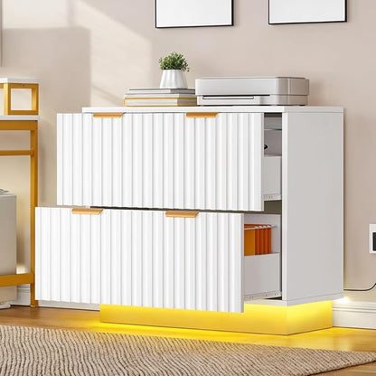 YITAHOME 2 Drawer File Cabinet with Led Light, Modern Filing Cabinet, Large Lateral File Cabinet for Home Office, White