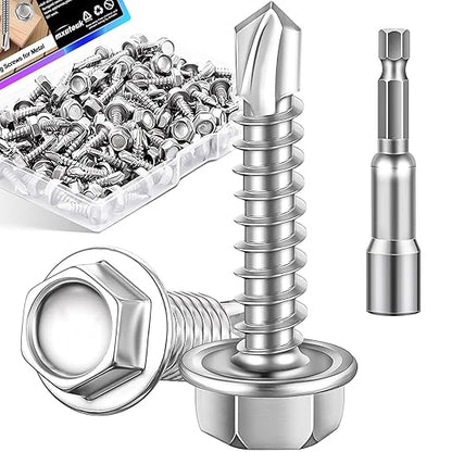 mxuteuk #10×1" Self Tapping Screws,410 Stainless Steel Self Tapping Screws for Metal,Self Drilling Screws,Hex Washer Head Sheet Metal Screws Suitable for Wood, Metal or Tough Materials (125PCS)