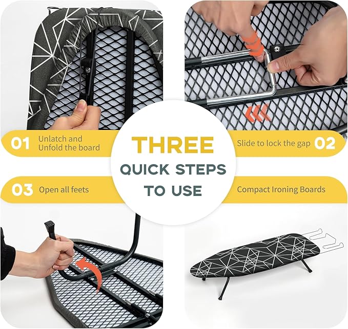 Small Ironing Board Tabletop Foldable, RAINHOL Space-Saving Iron Board, Compact and Portable for Travel and College, with Hook and Iron Holder, Steel Mesh, 32" x 12", Black and White Stripes