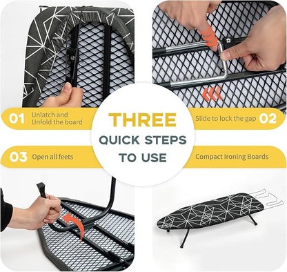 Small Ironing Board Tabletop Foldable, RAINHOL Space-Saving Iron Board, Compact and Portable for Travel and College, with Hook and Iron Holder, Steel Mesh, 32" x 12", Black and White Stripes