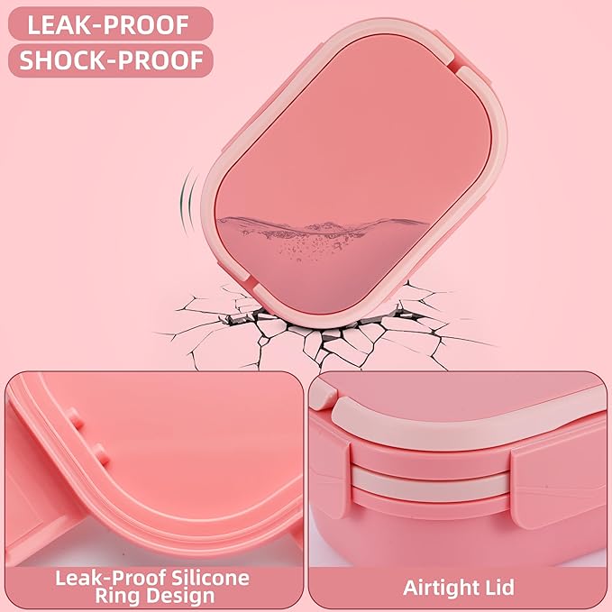 Leakproof Lunch Box, Drop-Proof Bento Box for Kids & Adults, BPA-Free Lunch Containers with Sleek Handles & Utensils, Microwave & Dishwasher Safe (Pink)