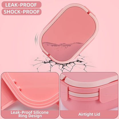 Leakproof Lunch Box, Drop-Proof Bento Box for Kids & Adults, BPA-Free Lunch Containers with Sleek Handles & Utensils, Microwave & Dishwasher Safe (Pink)