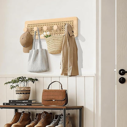 Homode Wooden Wall Hooks, Wall Mounted Coat Rack for Entryway, Boho Wood Pegs for Hanging Coats and Hats, Decorative Coat Hanger Purse Holder for Towel Key Jacket Bag Leash Cap