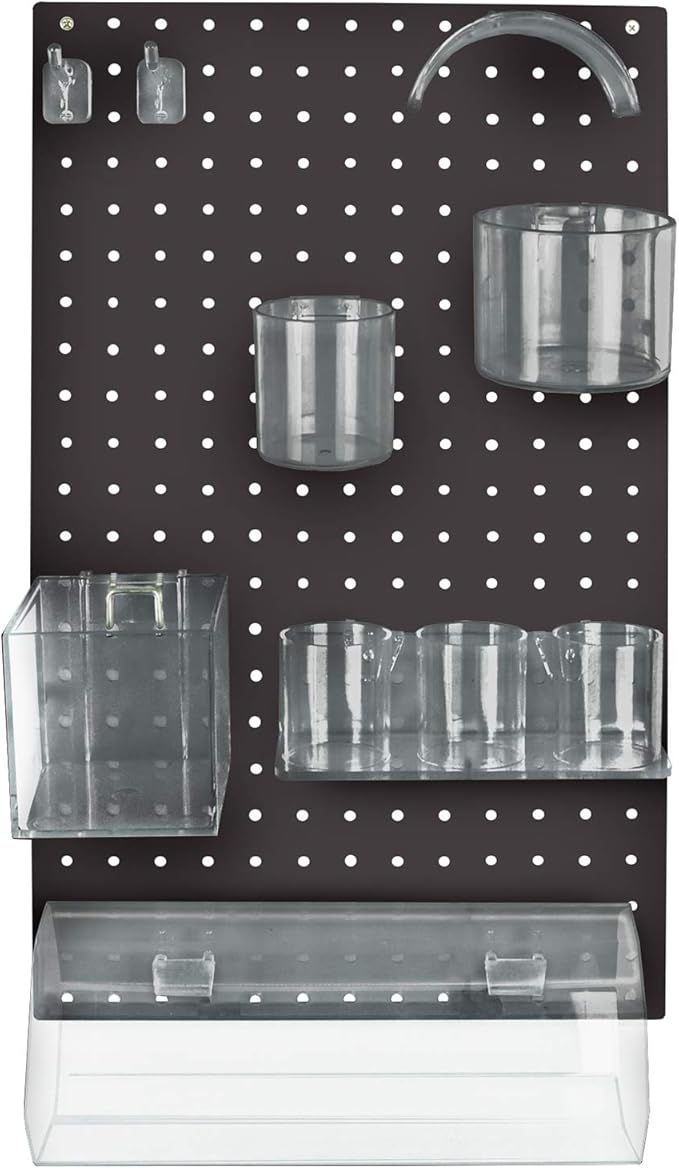 Azar Displays 900940-BLK The DIY Multi-Purpose 10-Piece Pegboard Wall Organizer Kit with One Panel and Accessory Assortment: Hooks, Bins, Headband Holder, Cylinder and Cups. Peg Wall Storage System