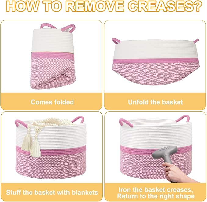 Pink Laundry Basket,20''x13''Woven Cotton Rope Laundry Hamper,Large Blanket Basket for Living Room,Baby Baskets,Kids Toy Storage Basket for Organizing,Woven basket,Clothes Hamper,Room Decor