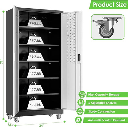 Garage Storage Cabinet with Wheels, Lockable Metal Storage Cabinet with 5 Adjustable Shelves for Garage Warehouse Office Utility Room,Required Assembly,Black and Silver，71" H×34" W×18" D